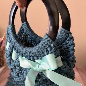 HANDMADE TEAL MACRAMÉ HANDBAG WITH FRINGE & MINT RIBBON